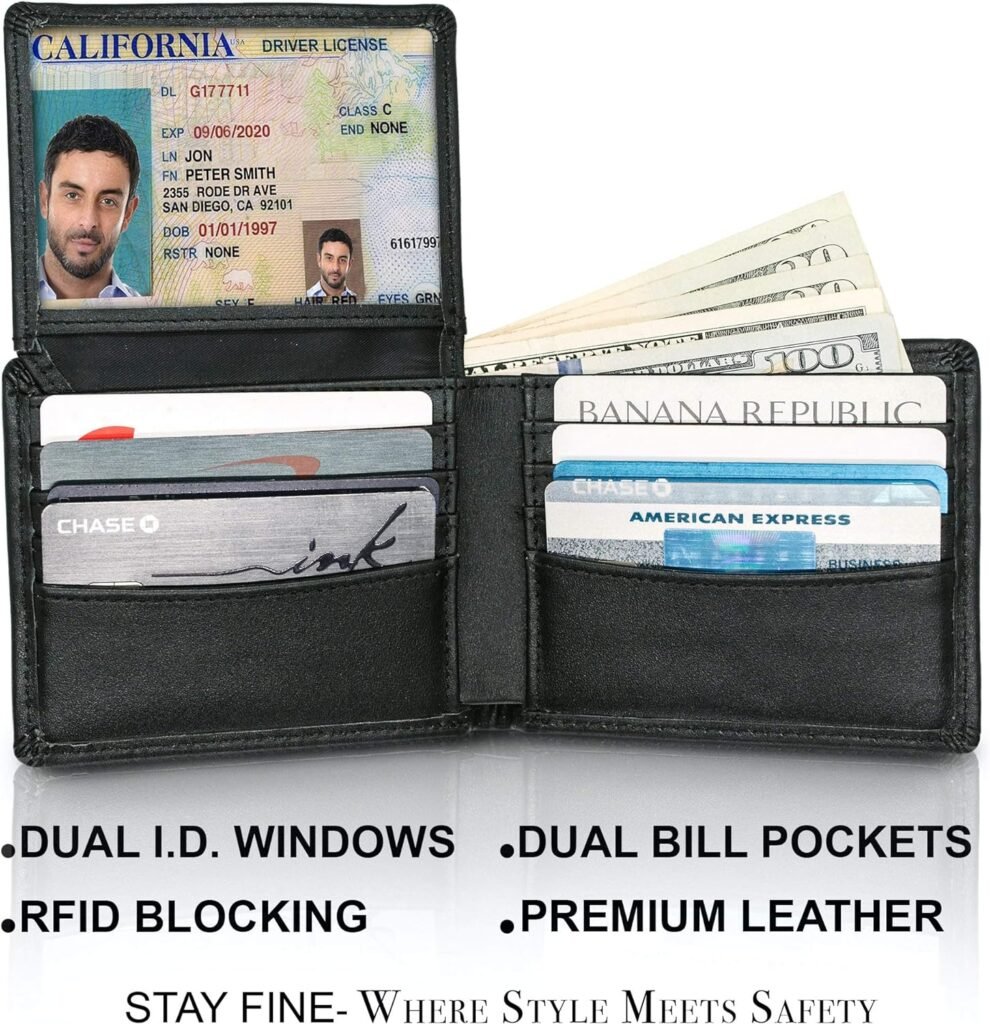 STAY FINE Top Grain Leather Wallet for Men | RFID Blocking | Extra Capacity Bifold Wallet with 2 ID Windows | Ultra Strong Stitching | Slim Billfold with 8 Card Slots | Gift for Him