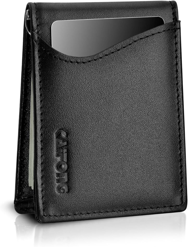 KAIFONG Slim Wallet for Men | Real Leather Mens Wallets with Money Clip | front pocket | RFID Blocking (Black)