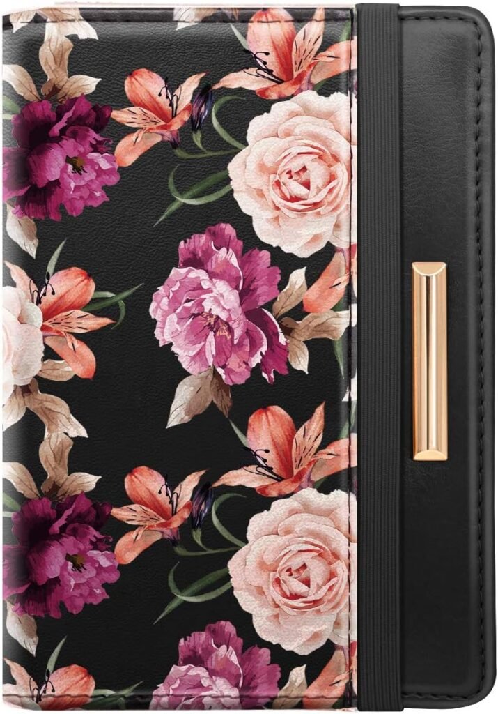 Passport Holder Cover Travel RFID Blocking Passport Cover Rose Gold Cute Flowers Passport Wallet with Elastic Band for Women